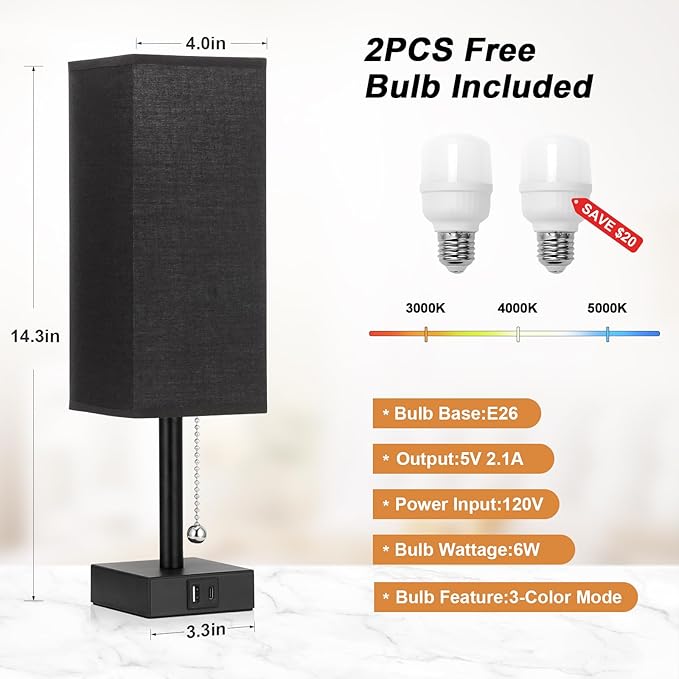 Bedside Table Lamps Set of 2 - Black Bedroom Lamps with 3 Color Temperatures (3000K/5000K/4000K), Two Square Nightstand Lamps with USB C + A Charging Ports, Pull Chain Small Night Light for End Table
