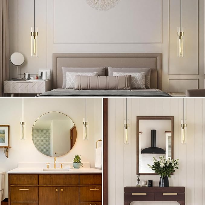 Modern Glass Brass Pendant Lights Kitchen Island, Adjustable Cord Pendant Light Fixtures, Kitchen Pendant Lighting Over Island, Indoor Chandelier for Bedroom Bathroom, Included Bulb