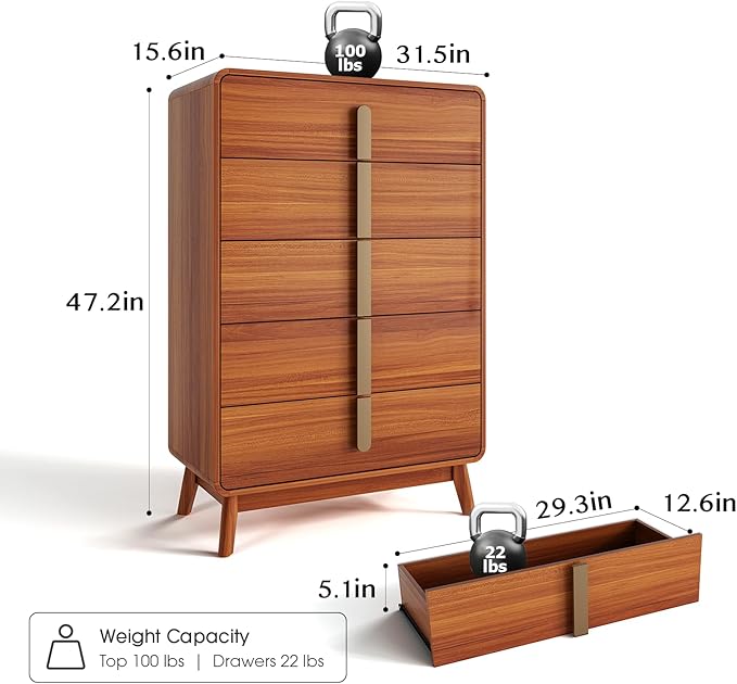 Dresser for Bedroom with 5 Drawers,Mid Century Modern Dresser with Storage,31" Modern Chest of Drawers with Metal Handles,Large Wood Drawer Organizer for Bedroom,Living Room,Hallway,Cherry