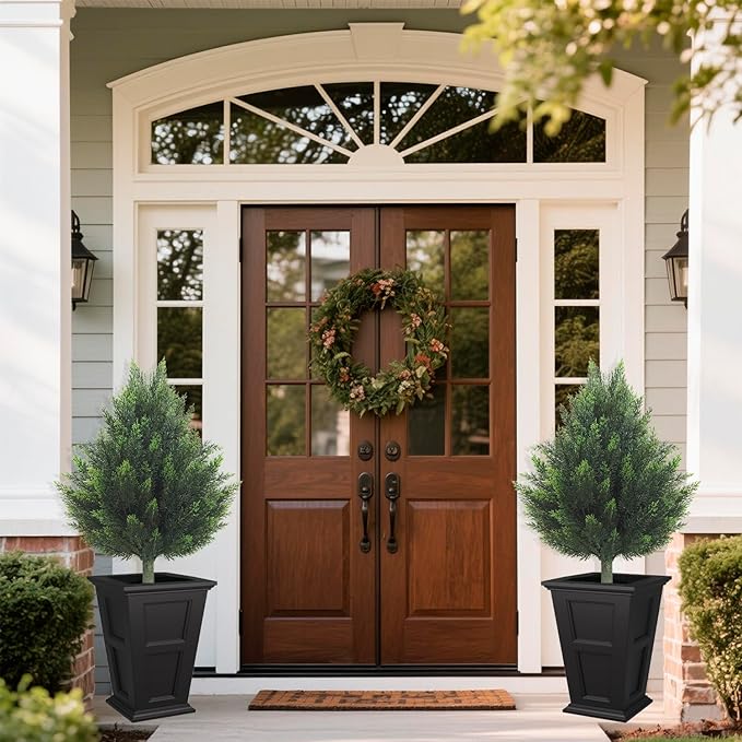 R's Ceder Artificial Topiary Cedar Tree 32 inch Faux Little Bush Cedar Tree UV Resistant Shrub Potted Artificial Plant for Outdoor Indoor Front Porch Garden (2 Pack)