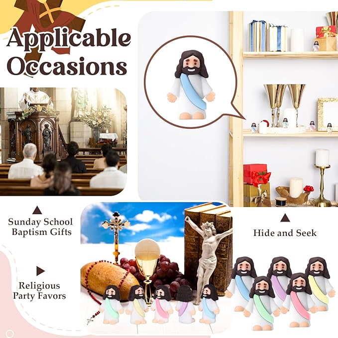 Bememo 100 Pcs Jesus Toys Original Design Mini Rubber Little Jesus Figurine to Hide and Seek Religious Party Favors Sunday School Craft Baptism Gifts for Easter Egg Stuffers (Macaron Color)
