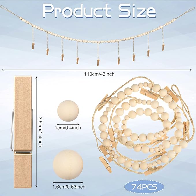 Wall Hanging Photo Display with Wooden Beads Garland 4 Feet Boho Collage Picture Frame DIY Picture Photo Frame Set with 9 Wood Clips for Rustic Country Home, Office Nursery Room Decoration(2 Pieces)