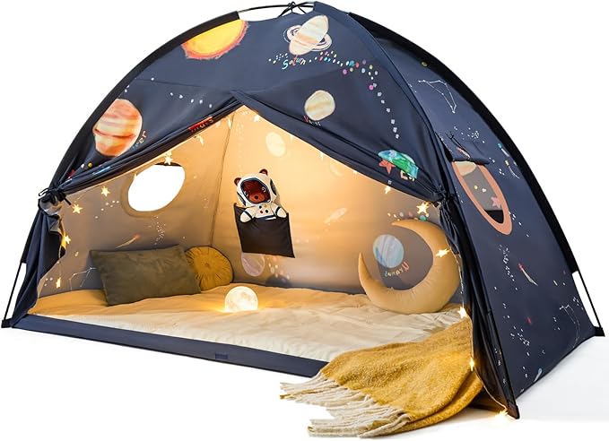 Tiny Land Space Galaxy Bed Tent for Kids – Sleep Bed Canopy with 9 Planets Design, Easy-to-Install Indoor Kids Play Tent, Imaginative Playhouse, Ideal Gift for Boys & Girls – 77" x 40" x 46"