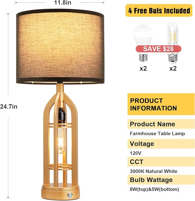 Seealle Table Lamps for Living Room Set of 2 - Gold Bedside Lamp for Bedroom with USB C+A & Outlet, Farmhouse Lamps for Night Stands, 3-Way Dimmable Touch Lamps for Living Room with Black Shade
