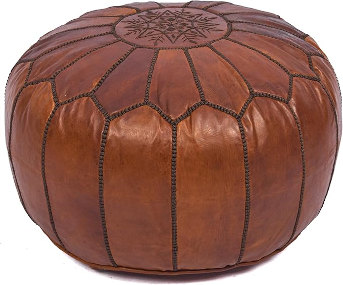 Handmade Moroccan Genuine Leather Pouf Ottoman Cover – Unstuffed Foot Stool Ottoman, Boho Foot Rest Under Desk, Round Ottoman for Living Room, Bedroom - Housewarming Gifts New Home, Weddings Gifts