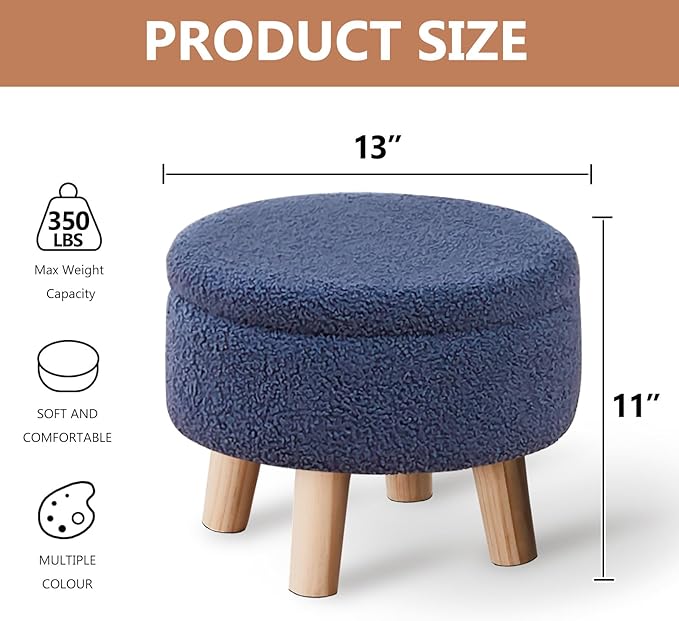 Wimarsbon Storage Ottoman, Modern Round Footrest with Soft Padded Seat, Teddy Velvet Footstool with Wood Legs, Accent Small Table or Plant Stand for Hallway, Living Room (Grey-Blue)