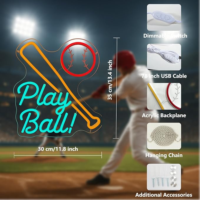 Baseball Neon Sign for Wall Decor, LED Neon Lights for Bedroom, Game Room, Man Cave, Bar, Teen Room, Boys Room, Girls Room, Baseball Bat and Ball Neon Wall Sign, Cool Baseball Room Decor, USB Powered LED Wall Light, 13.4" x 11.8" (Red+Yellow+Blue)