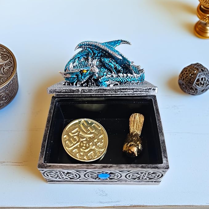 Dragon Statue Jewelry Box, Medieval Fantasy Myth Dragon With Cover Treasure Box, Dragon Statue Decoration Collection Gift Box. (Blue)