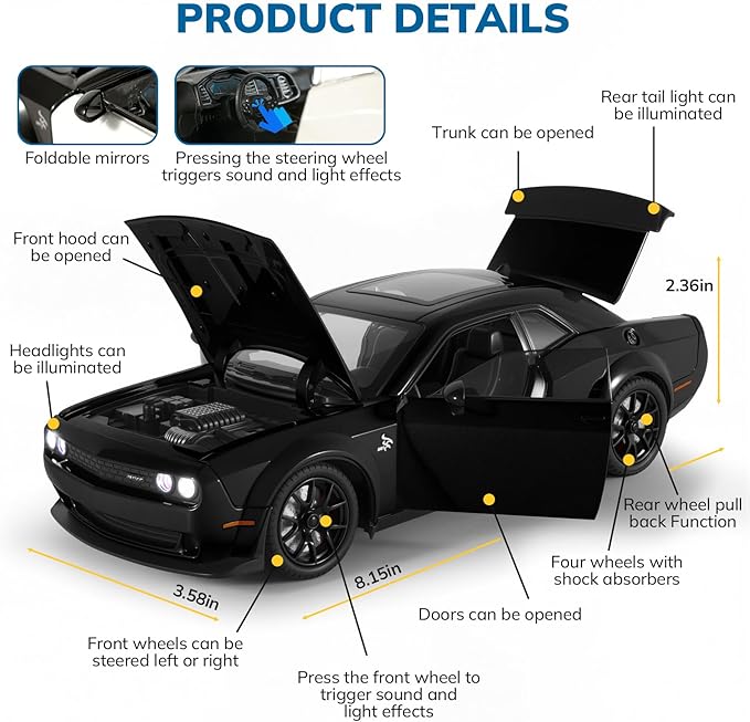 Car Toys for Boys 1/24 Diecast Cars Hellcat SRT Collectibles Model Kit,Pull Back Metal Toy Car with Lights and Sounds,Toy Cars for Boys Age 4-7（Black）