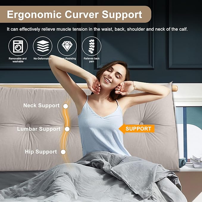 Large Triangular Headboard Pillows Long Backrest Positioning Support Bolster Cushion for Daybed Fluffy Quality Plush Body Wedge Pillow with Removable Cover(Light grey-Queen-59x8x20in)