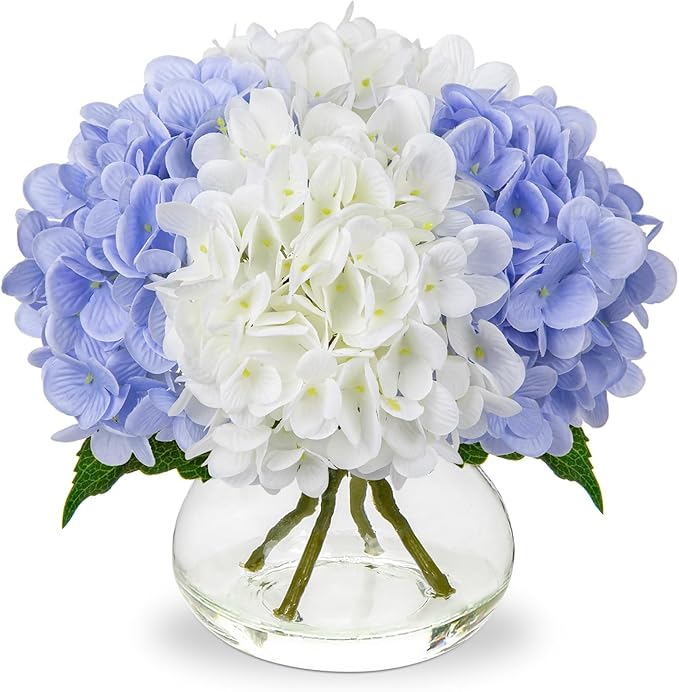 Hollyone Hydrangea Artificial Flowers with Vase White & Blue Silk Fake Flowers Arrangements in Glass Vase with Faux Water Faux Floral Bulk Bouquet Bathroom Table Centerpiece Shelf Home Decor