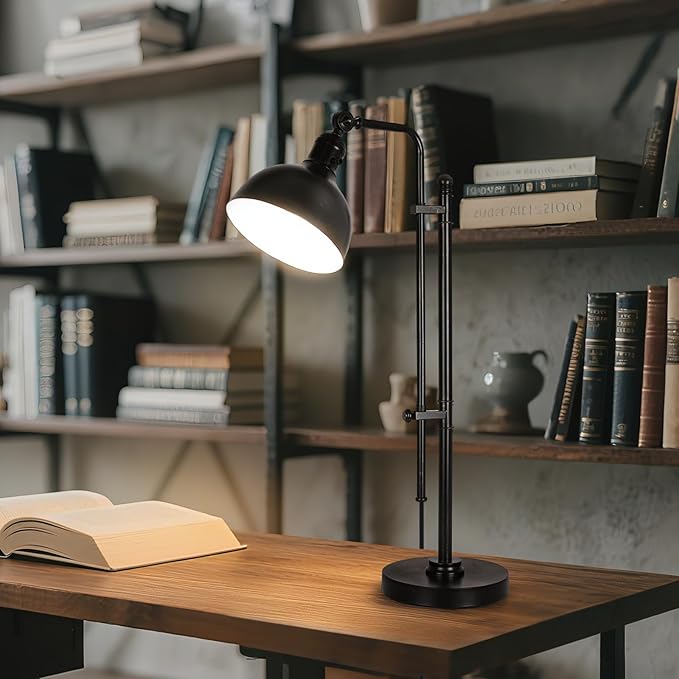 PARTPHONER Industrial Adjustable Desk Lamp for Home Office, Farmhouse Table lamp, Rustic Metal Task Desk Lamp in Aged Bronze Finish, Vintage Reading Lamp for Study Room, Black