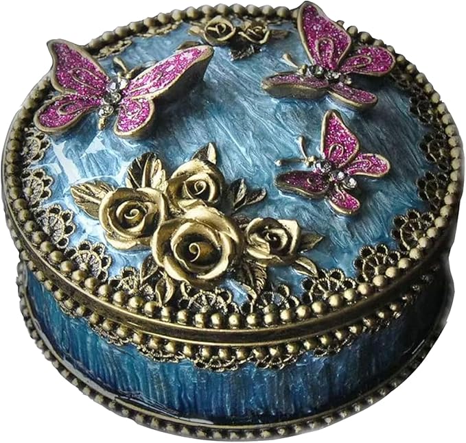 Round Jewelry Box with Purple Butterfly Decoration - Elegant Treasure Box for Women, Portable Ring & Earring Storage Case, Wedding Gift for Necklaces, Bracelets & Accessories
