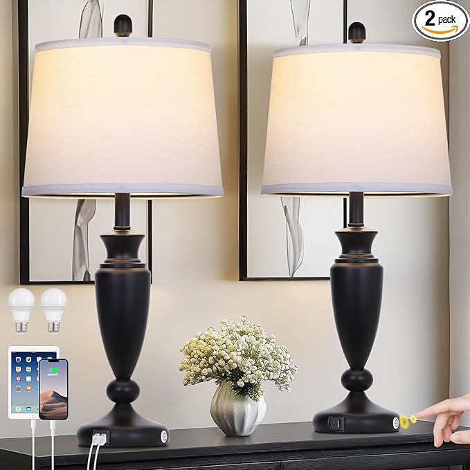 27'' Black Table Lamps Set of 2, 3 Way Touch Control Living Room Lamps with USB A+C Ports, Modern Bedside Lamps, Elegant Metal Nightstand Lamps for Bedroom Office End Table Decoration