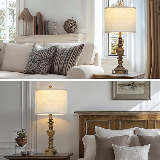 27" Vintage Table Lamps Set of 2, Farmhouse Resin Bedside Lamp with USB C+A Ports & AC Outlet, 3-Way Dimmable Touch Control Lamps for Living Room Bedroom Nightstand Antique Brown Washed Wooden Finish