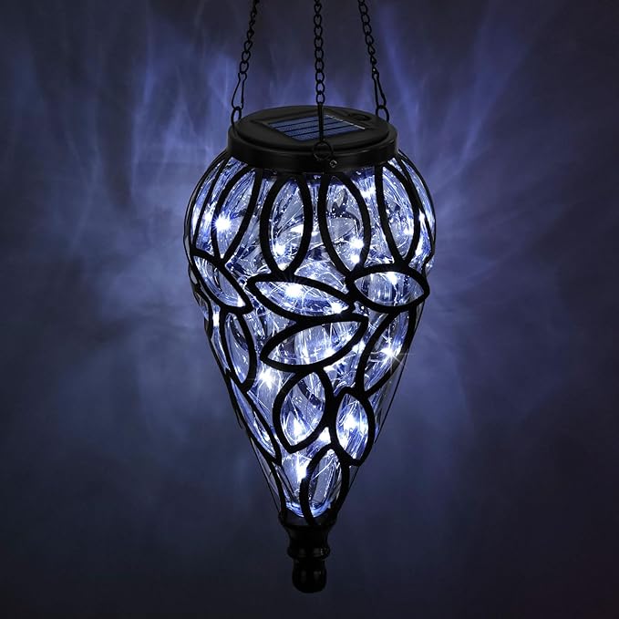 SUNNYPARK Outdoor Plastic Solar Hanging Lantern, 15 Cool White LEDs Twinkle Effect Tear-Shaped Hanging Lantern Decor Garden Decorative Solar Lights for Backyard, Patio and Lawn