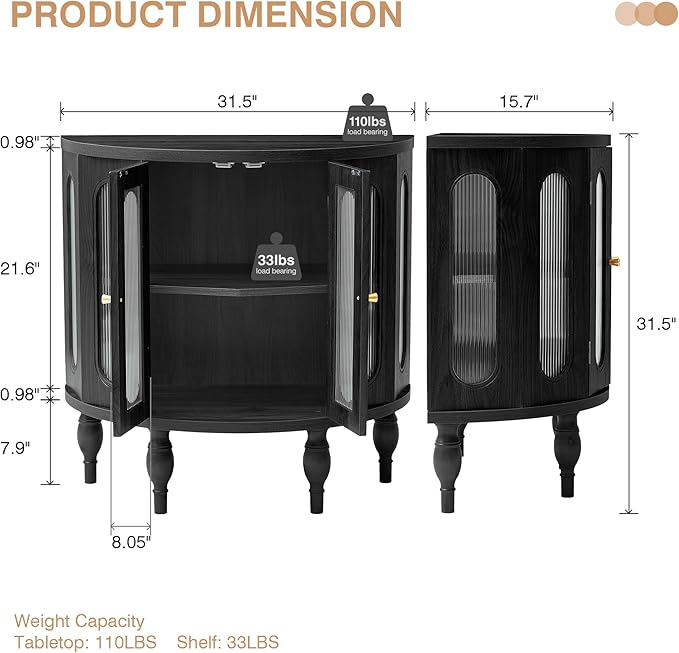 31'' Sideboard Buffer Cabinet with Storage, Semi-Circle Modern Accent Storage Cabinet with Wooden Finish & Acrylic Doors, Console Table for Living Room Entryway Hallway (Black)