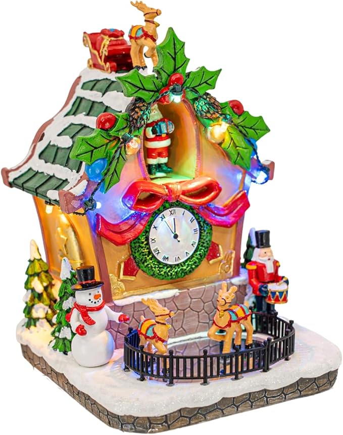 Holiday Cuckoo Clock Santa Reindeer LED Lighted Animated Christmas Village with Sound and Motion 6" x 6" x 8"