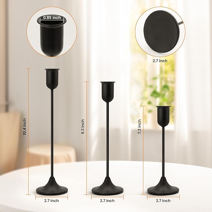 Candle Holder - 3 PCS Candlestick Holders - Vintage Candle Stick Holder - Modern Decorative Centerpiece - Cozy Atmosphere Gift for Home Decor, Wedding, Halloween Party - Black Taper