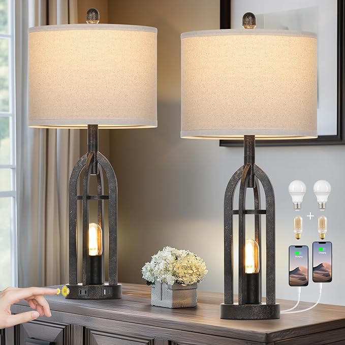 27" Rustic Table Lamps for Living Room - Farmhouse Lamps Set of 2 with USB C+A & Outlet, 3-Way Dimmable Touch Lamps for Night Stands, Vintage Bedside Lamp for End Tables,Bedroom,Bronze