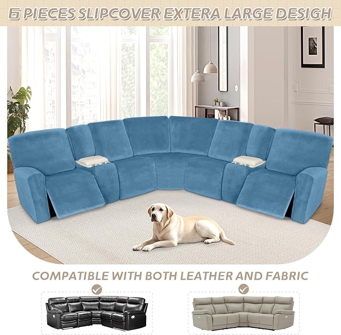 Arfntevss Sectional Recliner Couch Covers Velvet Washable Corner Sectional Sofa Cover for Reclining Couch Stretch Soft Thick L Shape Recliner Slipcover Set (5 Seat with 2 Console Cover, Light Blue)