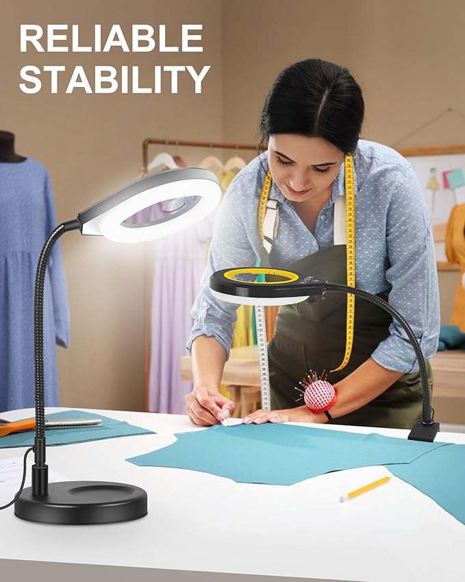 Flexible Gooseneck 2-in-1 Magnifying Glass with Light and Stand,10x & 5x Real Glass Lens Magnifying Lamp, 5 Color Stepless Hands-Free LED Desk Lamp with Clamp for Painting, Crafts, Reading (Yellow)