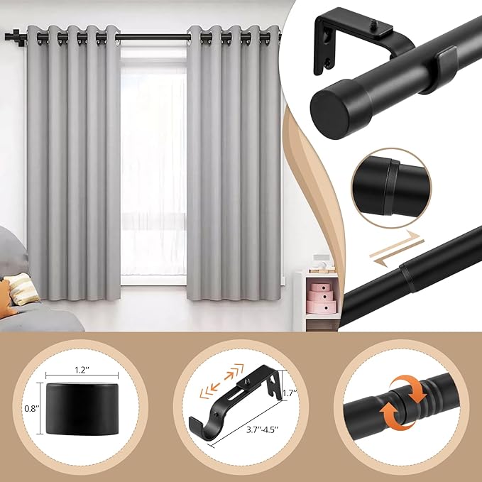 Matte Black Curtain Rod 16-94.4 Inch Single Wide Window Coverage Metal Construction Living Room Bedroom Large Bay Windows Vintage Style Complete Mounting System Hardware