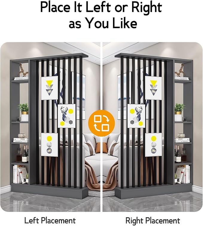 Wall Room Divider, Storage Cabinet Storage Display with Shelves, Modern Freestanding Wood Room Divider Screen, Wall Privacy Screens for Home Decorative (Grey+Black,47" L x 9.5" W x 79.5" H)