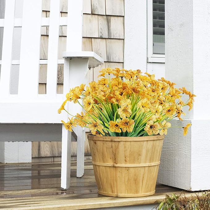 12 Bundles Artificial Flowers Outdoor UV Resistant Flowers No Fade Faux Plastic Plants Garden Porch Window Box Decorating (Yellow)