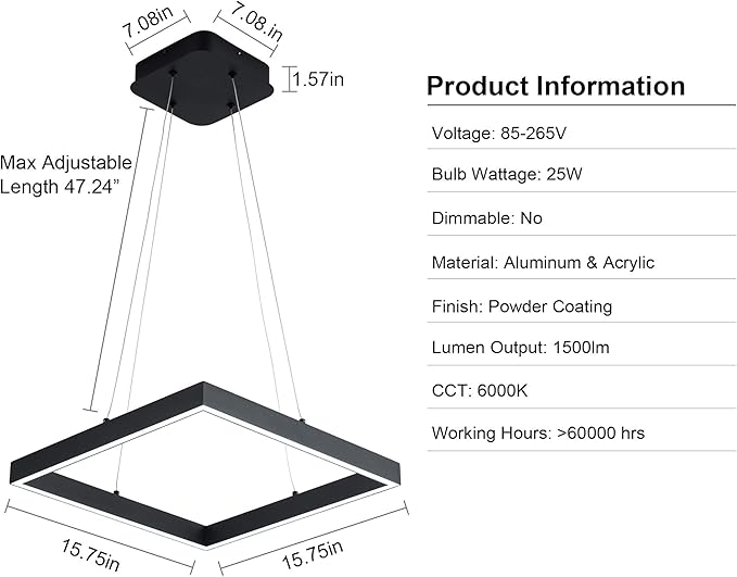 Modern Led Pendant Light Square Led Chandelier 1 Ring Acrylic Pendant Lighting Fixture for Bedroom Living Room Dining Room Kitchen Island 25W 6000K Not-dimmable 15.7L*15.7" W (Black)