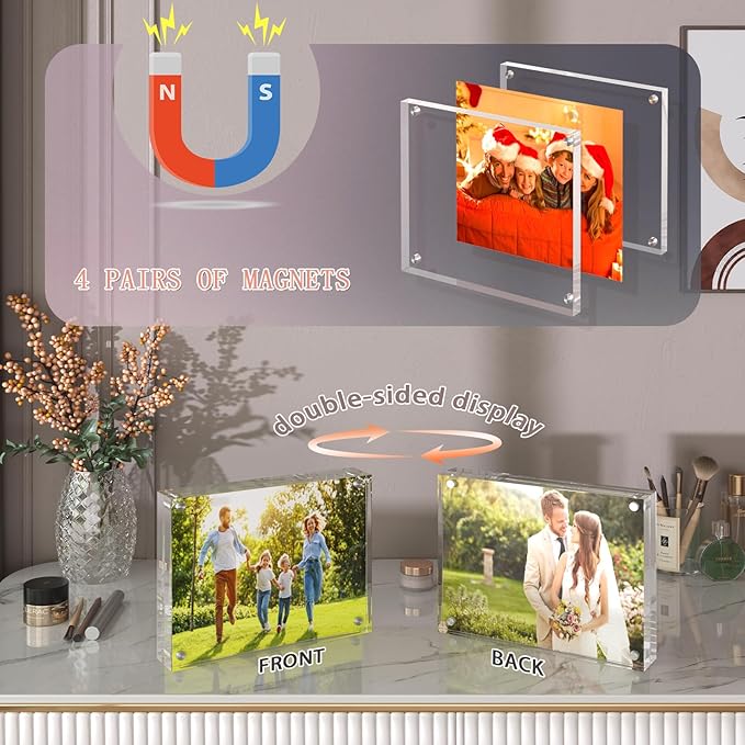 Acrylic Picture Frame, 2pack 8x10 Inch Photo Double-Sided Frames, Magnetic 12+12MM Thickness Picture Frame Clear Photo Frame Stand, Double-Sided Acrylic Frame Stand (2pack 8x10)