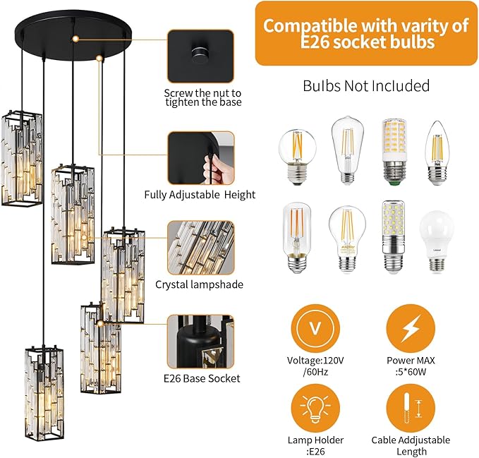 Black Pendant Lighting Modern Pendant Light, Mini Crystal Chandeliers,Adjustable Pendant Light Fixture for Kitchen Island Dinning Room Bedroom (5 Light)