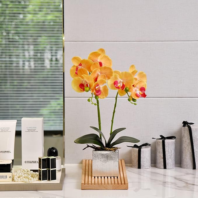 Artificial Potted Orchid Faux Phalaenopsis Silk Flowers Bonsai Realistic Arrangement in Silver Vase for Home Decoration Table Centerpiece, Orange