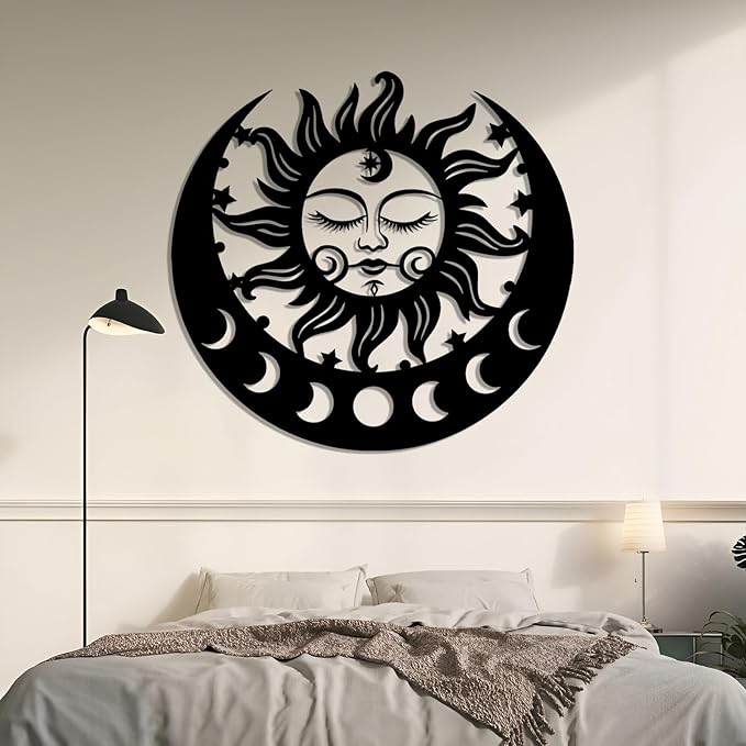Sun and Moon Metal Wall Decor, Moon Phase Metal Wall Decor, Boho Celestial Wall Art, Celestial Sun Moon Wall Art, Large Sun Face Wall Hanging for Living Room, Outdoor (Black, 29"x28"/74x70cm)
