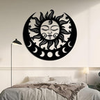 Sun and Moon Metal Wall Decor, Moon Phase Metal Wall Decor, Boho Celestial Wall Art, Celestial Sun Moon Wall Art, Large Sun Face Wall Hanging for Living Room, Outdoor (Black, 25"x24"/64x60cm)