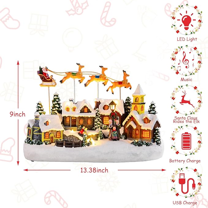 taman Christmas Village Collectible Buildings - Santa Claus Riding Sleigh with 3-Elk Warm Light Christmas Ornaments for Holiday Decorations