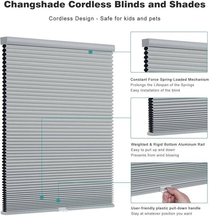 Changshade Cordless Cellular Shades, Blackout Honeycomb Shades for Windows, Pull Down Pleated Blinds, Easy to Install for Indoor Windows and French Doors,30" W x 72" H, Grey