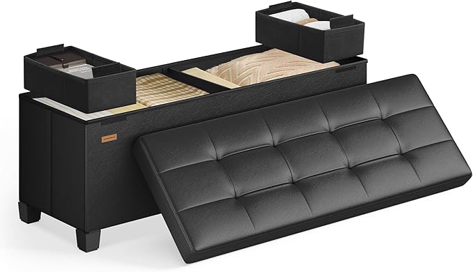 SONGMICS Storage Ottoman, Storage Bench with Legs, 15 x 43 x 15.7 Inches, Ottoman Bench, 30 Gal. (112 L), Synthetic Leather, for Living Room, Entryway, Ink Black ULSF0514B02