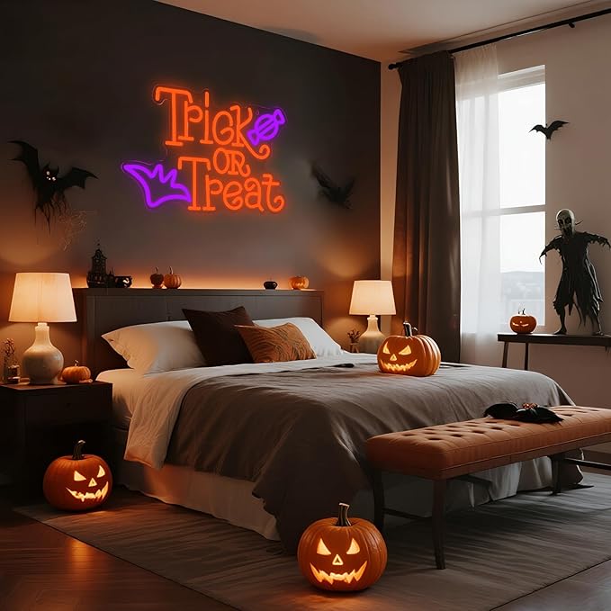 Trick or Treat Neon Sign for Wall Decor Dimmable LED Neon Halloween Light for Wall Decor, LED Halloween Light Up Sign Decor for Wall Bedroom Home Bar Halloween Party Decor Halloween Present for Trick or Treat Party Backdrop