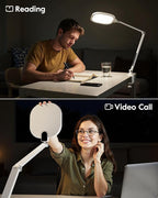 Led Desk Lamp with Clamp, 1200LM Dimmable Home Office Desktop Light, 3000k-6500k Adjustable Swing Arm Ring Light for Video Conference, Study, Reading, Zoom Calls, Streaming (White)