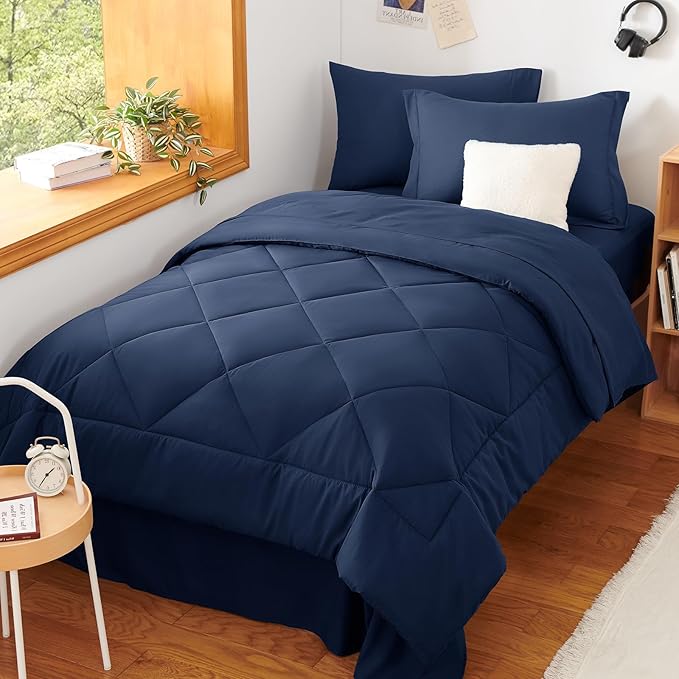 CozyLux Twin XL Comforter Set Navy Blue - 5 Pieces Twin Extra Long Bed in a Bag for College Dorm, All Season Bedding Set for Girls and Boys, Soft Bed Set with Comforter, Sheets, Pillowcase & Sham
