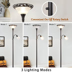 Floor Lamps for Living Room, 70" Floor Lamp Standing Torchiere Lamp with Etched Glass Shade, Metal Pole & Heavy Base, Vintage Tall Corner Lamp Decor for Bedroom, Living Room, Office. No Bulbs (2 Head)