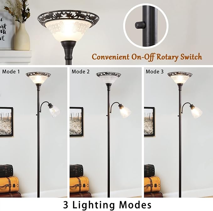 Floor Lamps for Living Room, 70" Floor Lamp Standing Torchiere Lamp with Etched Glass Shade, Metal Pole & Heavy Base, Vintage Tall Corner Lamp Decor for Bedroom, Living Room, Office. No Bulbs (2 Head)