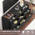 Fluted Black Dresser for Bedroom,9 Drawer Dresser for Closet,57" Wide Storage Cabinet and Chest of Drawers with Gold Handle,TV Stand,Storage Organizer for Living Room,Hallway,Entryway