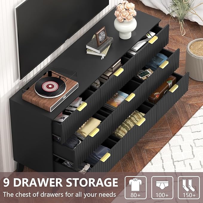 Fluted Black Dresser for Bedroom,9 Drawer Dresser for Closet,57" Wide Storage Cabinet and Chest of Drawers with Gold Handle,TV Stand,Storage Organizer for Living Room,Hallway,Entryway