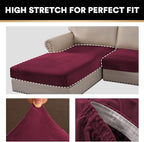 PrinceDeco Velvet Couch Covers - 4 Piece Set for Sectional Sofa (3 Seater + 1 Chaise, Burgundy)