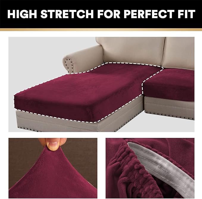 PrinceDeco Sectional Couch Covers 3 Pieces Velvet Sofa Covers L Shape Soft Couch Covers for Sectional Sofa Corner Sofa Cover Couch Cover for Dogs Washable (2 Seater + 1 Chaise,Burgundy)