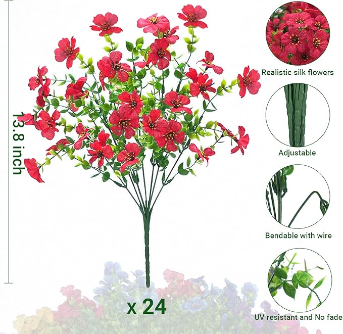 24 Bundles Artificial Flowers for Outdoors & Indoors – UV Resistant Faux Plastic Plants for Garden, Patio, Porch, Window Box, Home Decor – Lush & Vibrant Fake Flowers, Red