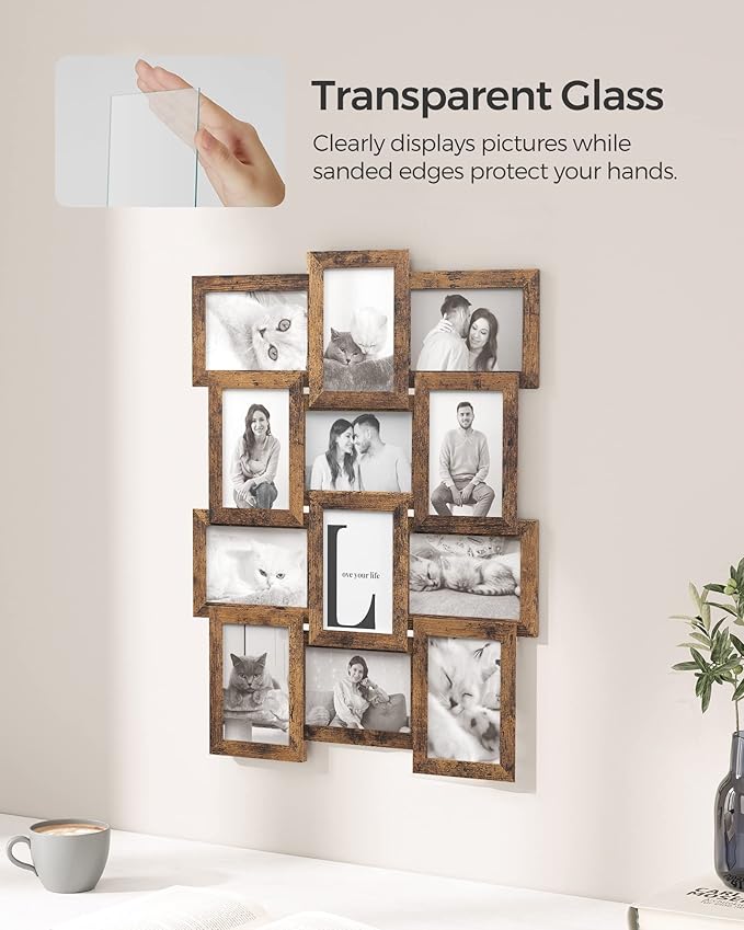 SONGMICS Collage Picture Frames, 4x6 for Wall Decor Set of 12, Multi Family Photo for Gallery Decor, Hanging Display, Assembly Required, Rustic Brown