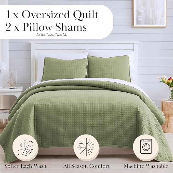 Southshore Fine Living, Inc. Quilts, Queen Size Set, Pet Hair Resistant Bedding, Soft Coverlet Queen Size/Full, Quilt Set with 2 Pillow Shams, Lightweight Full Bedspread, Sage Green